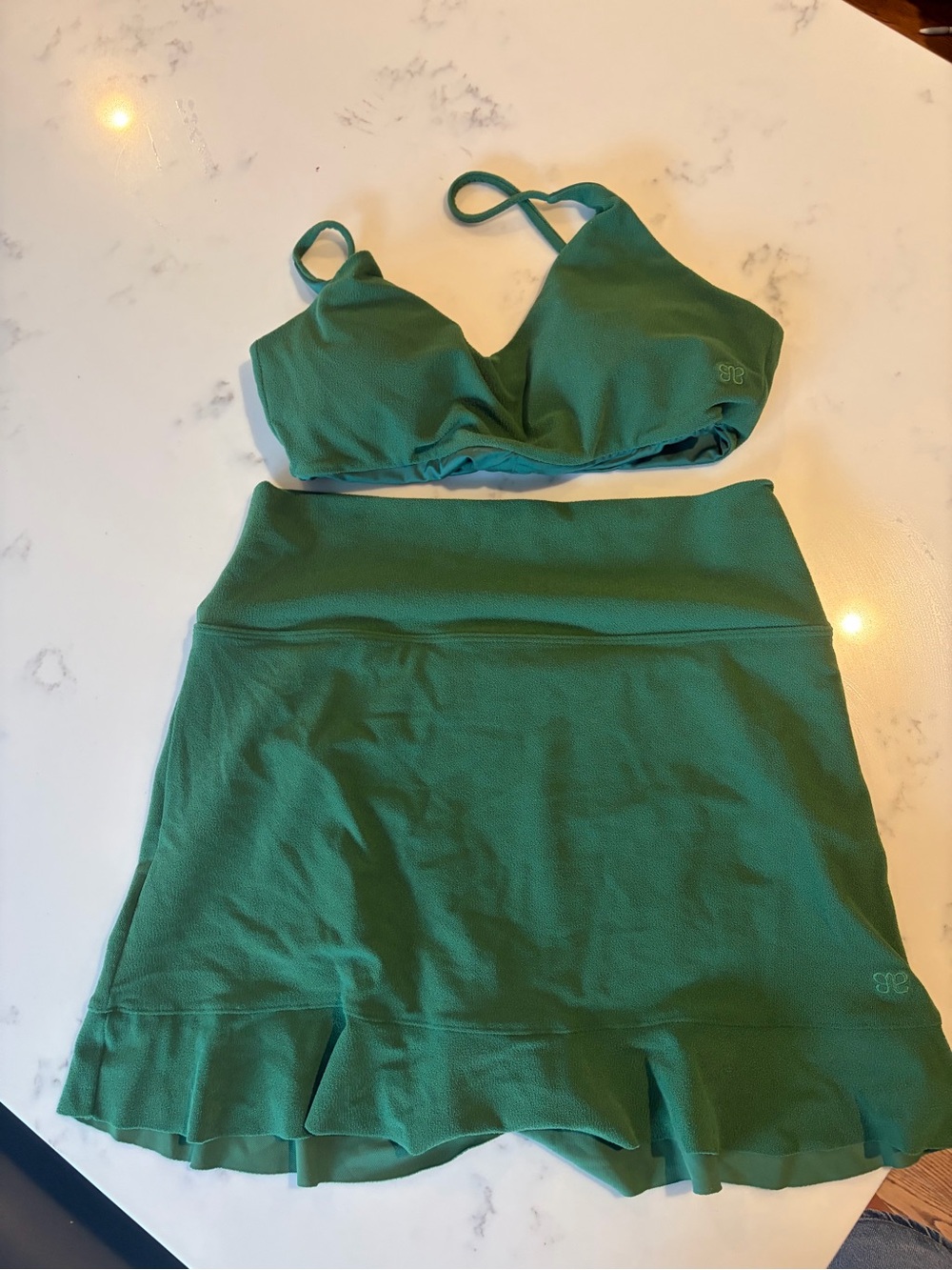Albion Green Two-Piece Swim Top and Skirt palm terry